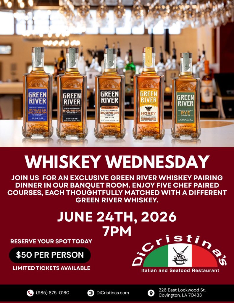 Five Green River whiskey bottles lined up on a bar counter with a blurred bar backdrop, and a maroon banner announcing Whiskey Wednesday event details.